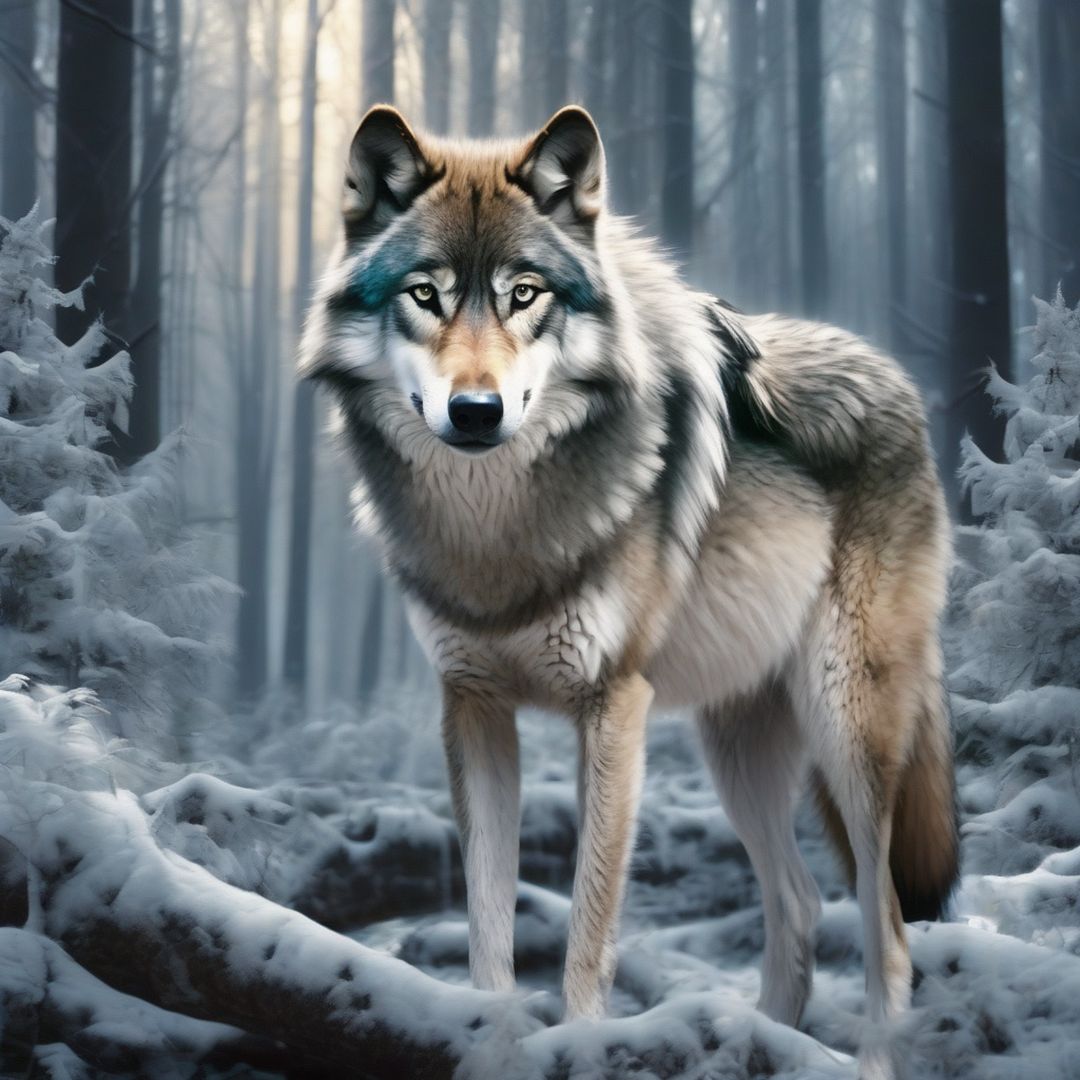 Beautiful wolf with sparkling eyes in a huge forest