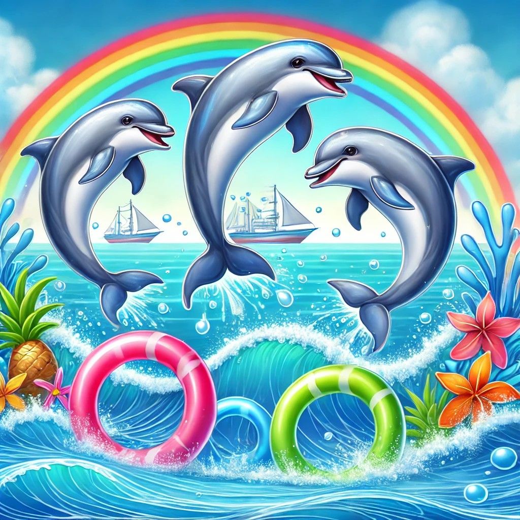 36_A family of playful dolphins jumping through colorful hoops in the ocean