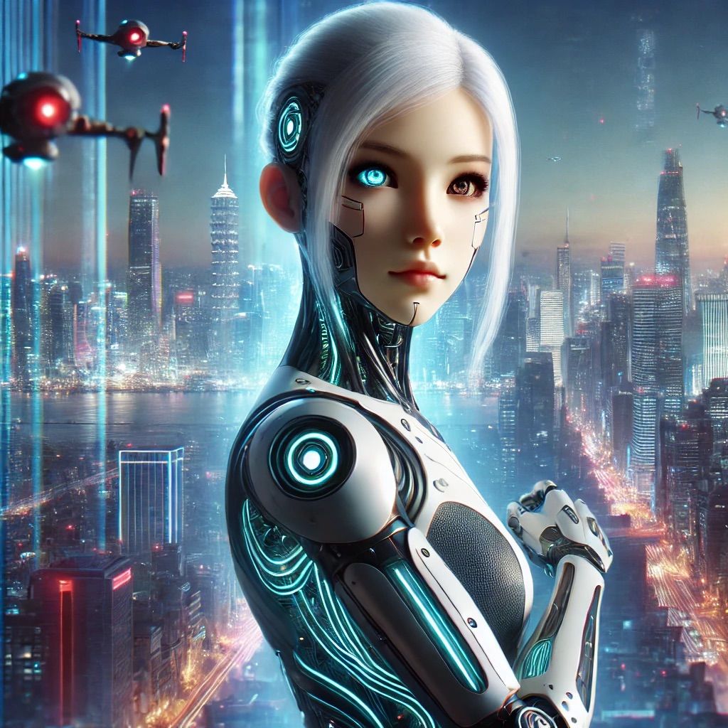 DALL·E 2024-09-15 05.57.44 - A futuristic cybernetic girl, part-human and part-robot, standing in a high-tech cityscape. She has mechanical limbs and glowing circuitry running alo