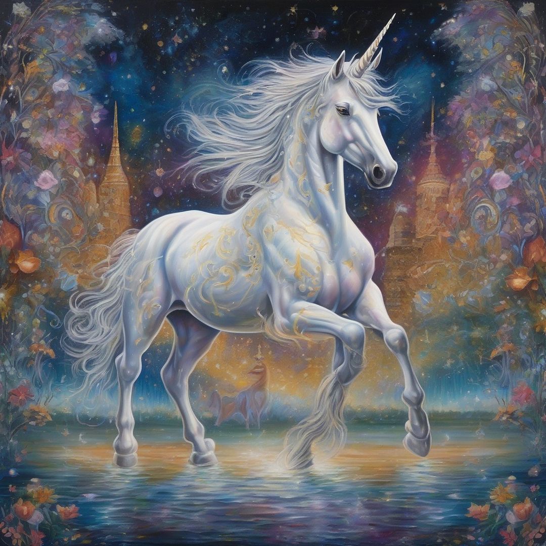 In a luminously flourishing celestial realm, a majestic unicorn