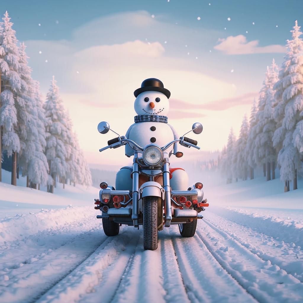 Snowman with motorcycle