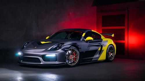 The image shows a Porsche Cayman GT4 sports car with a bright design and backlight.  The Porsche Cayman GT4 is a sports coupe with a 4.0—liter 6-cylinder naturally aspirated 420 hp engine..   Main Features:  length — 4456 mm;  width — 1801 mm; distance between wheelset axles — 2484 mm;  curb weight — 1420 kg;  The maximum permissible total weight is 1750 kg.;  the maximum payload is 330 kg; the volume of the luggage compartment is 150 liters;  the volume of the gas tank is 64 liters.