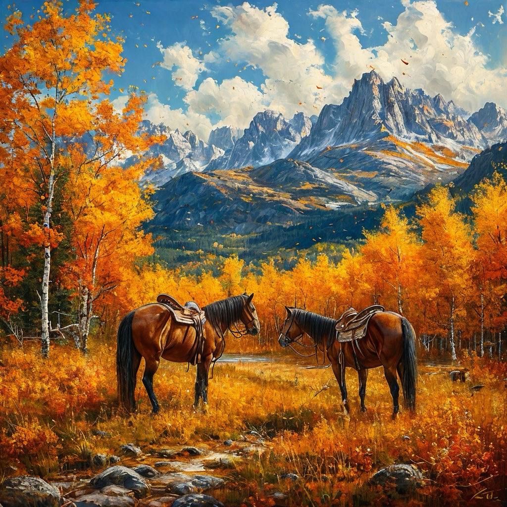 Autumn Serenity: Horses in a Golden Landscape