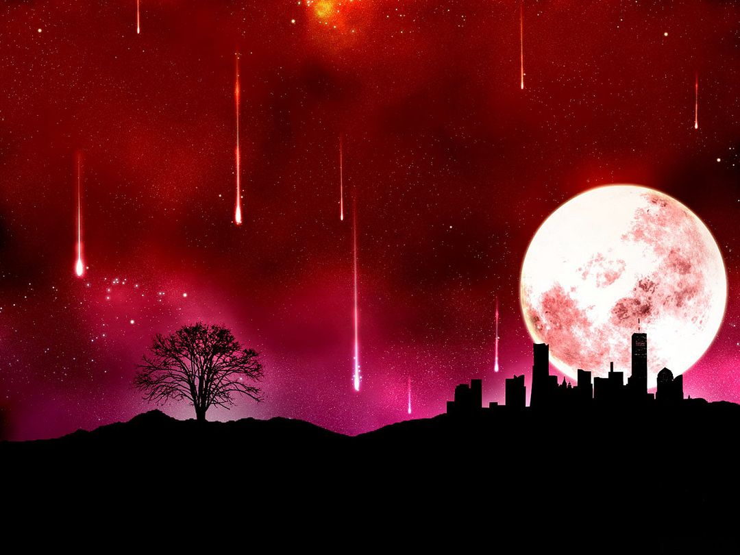 The image shows a landscape with a red sky, a tree and a city.  A blood moon and a starfall are two astronomical phenomena that can occur simultaneously, for example:  In January:  Starfall. For example, on the night of January 4th. In clear weather, up to 120 meteors per hour could be seen in the sky. The visual effect of the falling star was formed by dust particles of asteroids burning up in the atmosphere.  A lunar eclipse. For example, on January 21st. The Earth's satellite changed its color before the eclipse. The eclipse was complete, due to the fact that the planet, the Sun and the Moon lined up in one line.  The blood moon occurs during lunar eclipses. This phenomenon occurs when the Earth is caught between the Sun and the Moon, creating the shadow of the Earth that falls on the surface of the Moon.