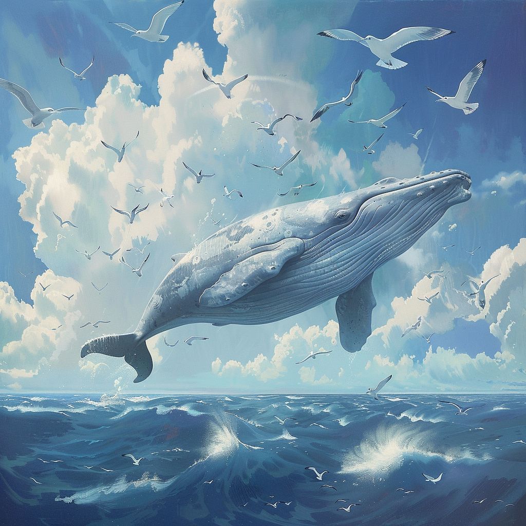 Flying whale and seabirds