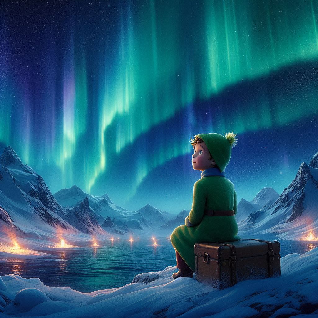 The little prince watches the aurora borealis in Antarctica)