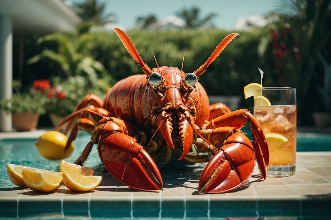 PhotoReal_A_majestic_lobster_lounging_by_the_pool_sipping_on_a_0