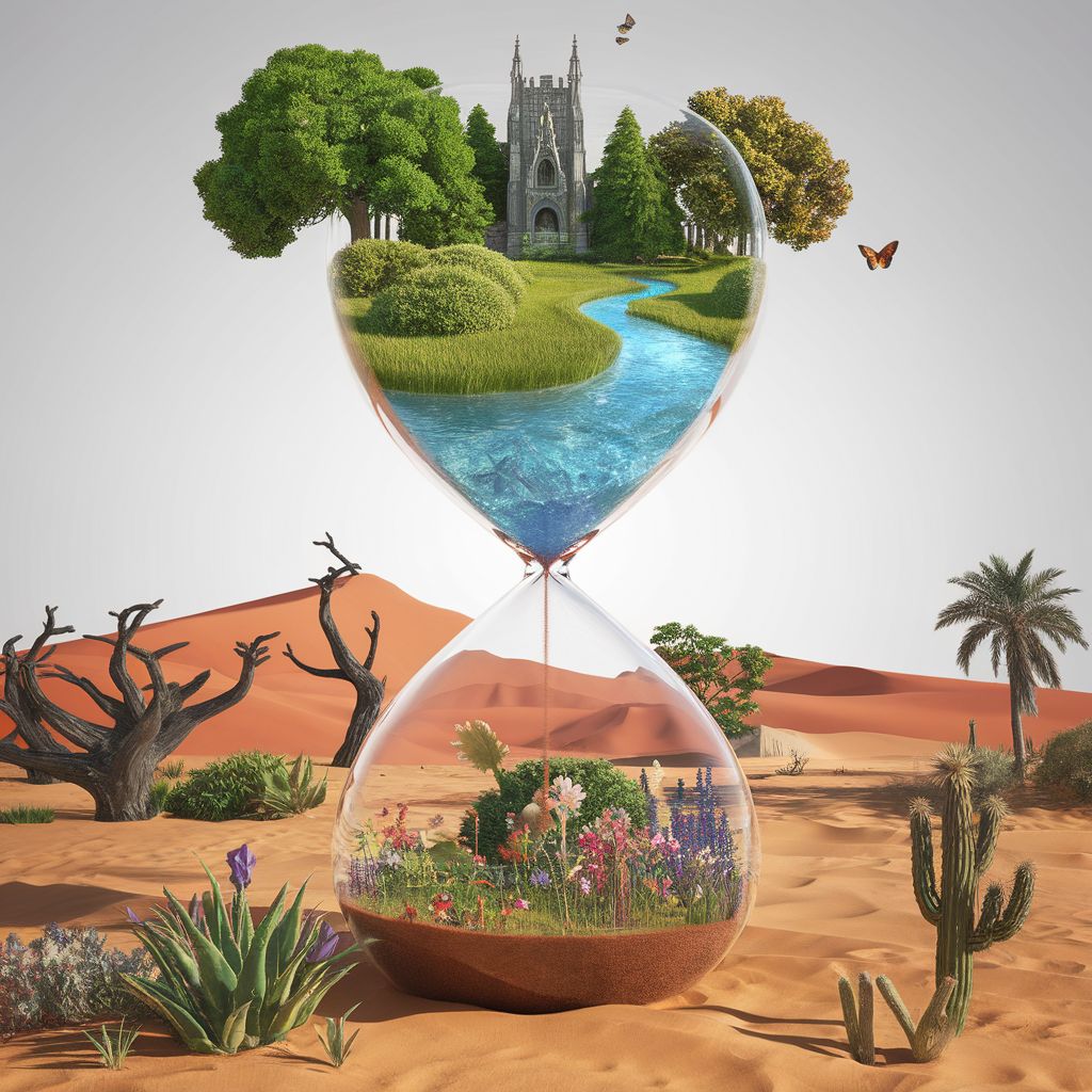 Hourglass with contrasting scenes