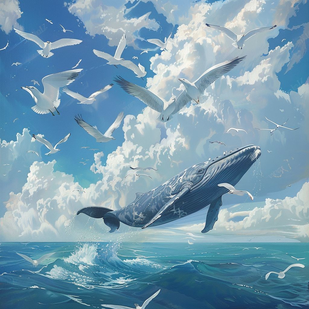 Flying whale and seabirds