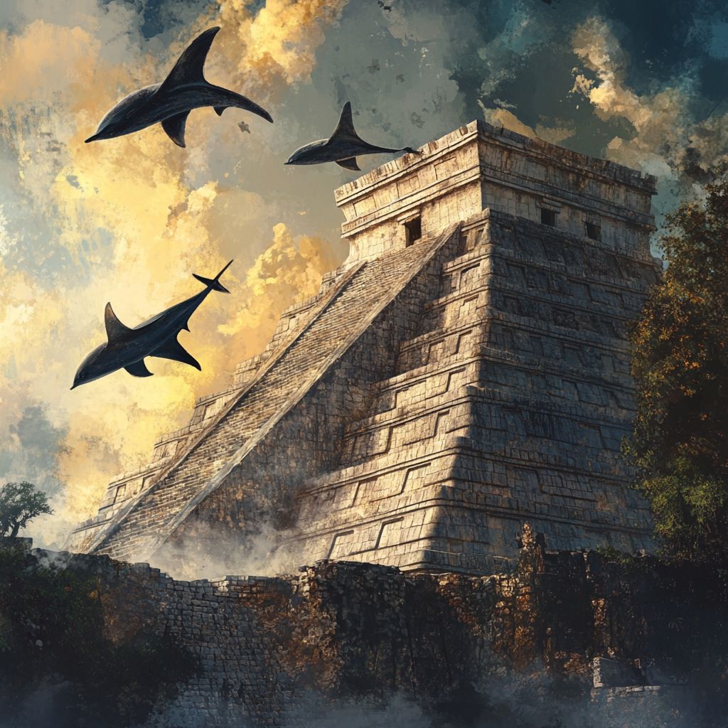 Manta flying over Chichen Itza ruins