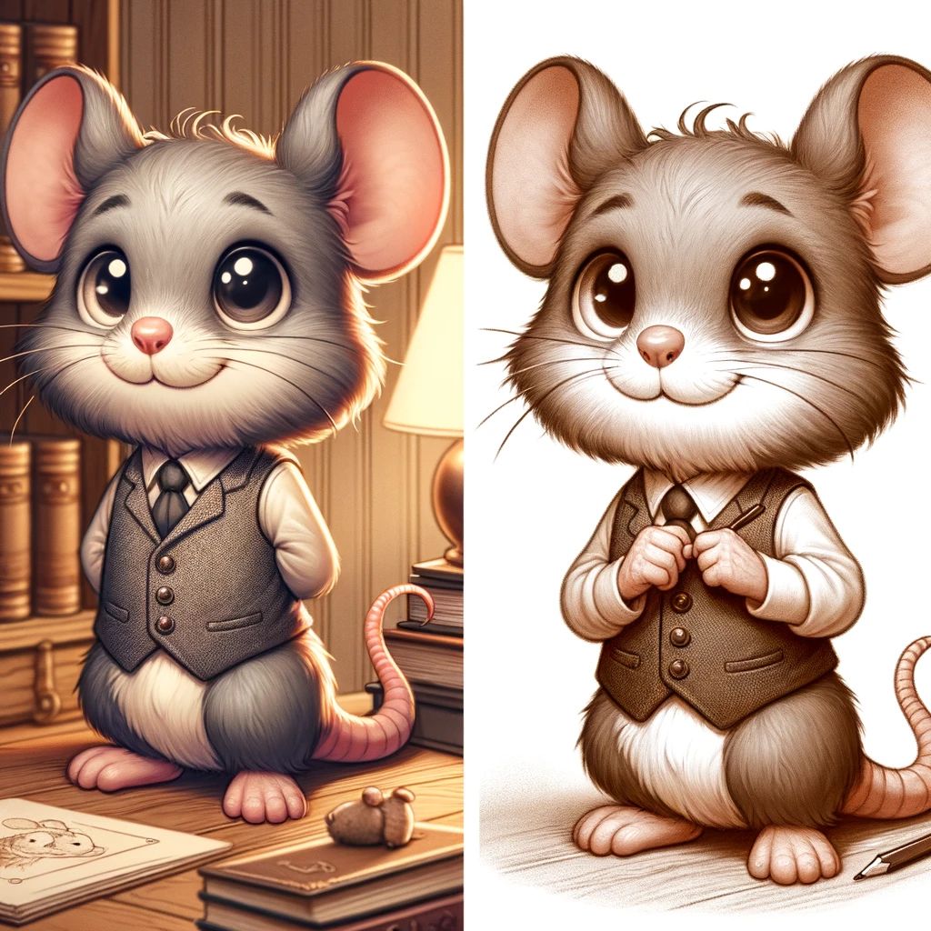 DALL·E 2024-04-17 14.40.15 - Create a charming mouse character with a cute and clever look. This mouse has large, expressive eyes and a gentle smile, giving it a friendly and appr