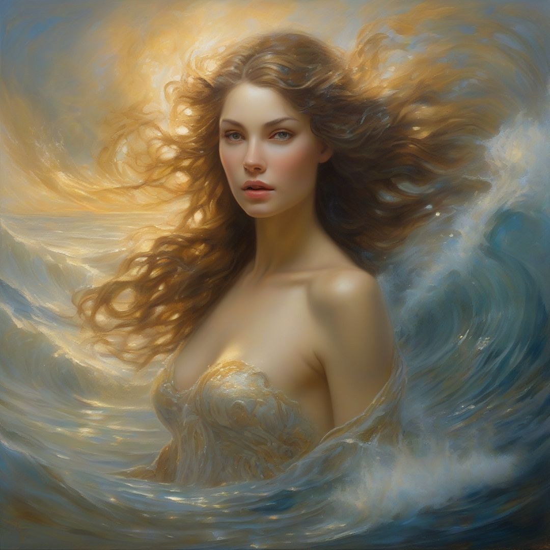 In an intricately rendered oil painting, a virtual majestic siren