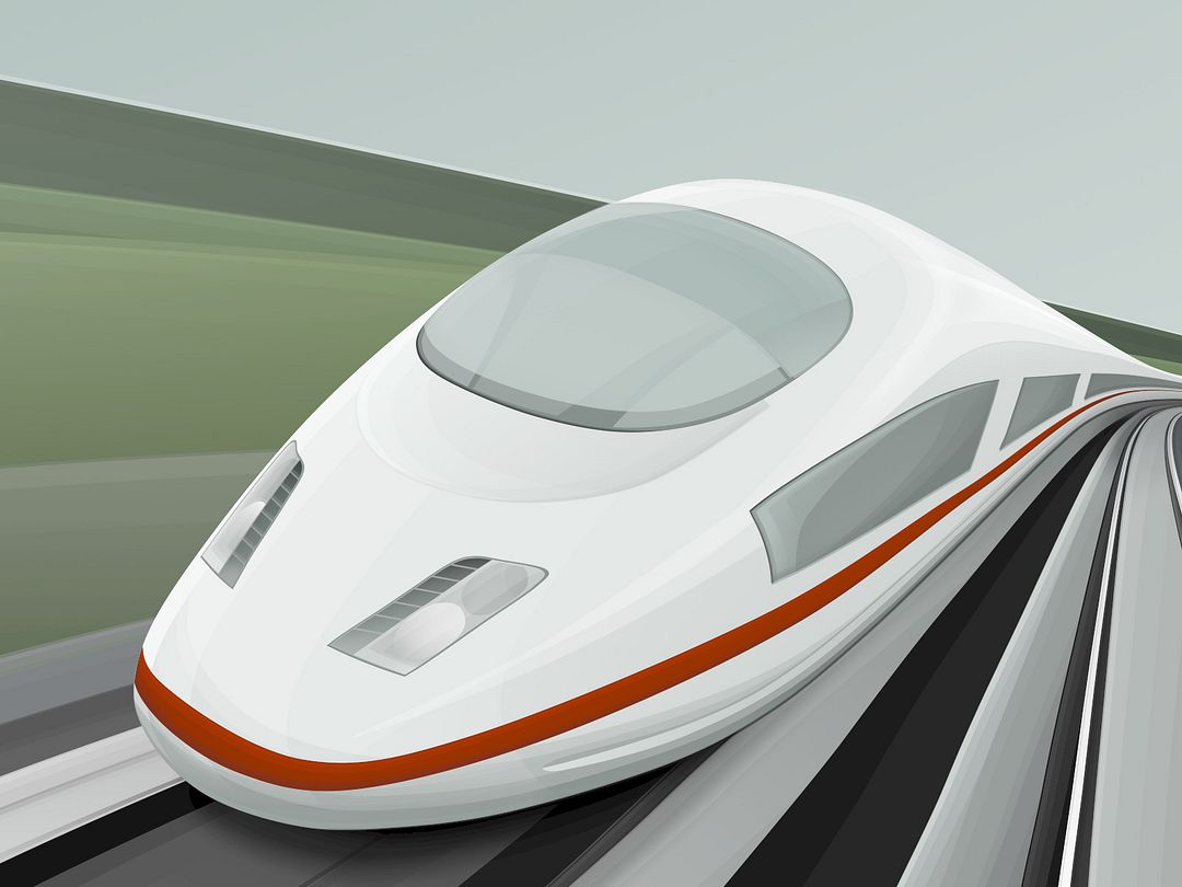 The image shows the Sapsan high-speed train with a streamlined design on the railway line.  Sapsan is a high—speed train developed by Siemens for the Russian market. It is part of the Velaro family of trains, and the model is officially called Velaro RUS.   Train Characteristics:  Ten-car electric trains come in two series: EVS1 (direct current) and EVS2 (dual power supply).  The length of the train is 250 m.  The maximum speed of the train is 250 kilometers per hour.  It can operate at temperatures from -50 to +40 °C.  Trains run on two routes: Moscow — St. Petersburg and St. Petersburg — Nizhny Novgorod.   The carriages have: sockets for charging laptops and mobile phones, air conditioners, a wardrobe, an area for large luggage, as well as a separate bistro car with a bar and hot meals.