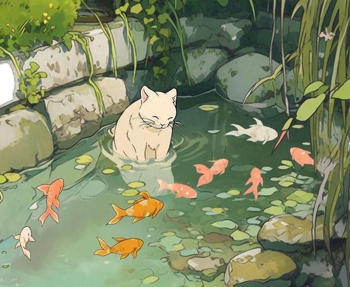 cat in a fish pond