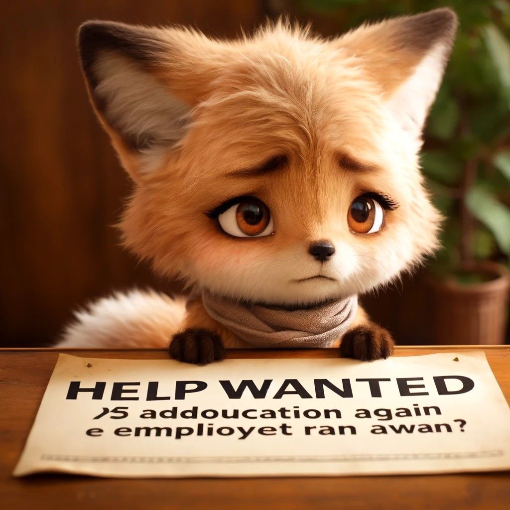 DALL·E 2024-11-03 21.34.34 - A small, cute female fox looking sad while posting a job advertisement again because an employee ran away. The female fox has a distinctly different a