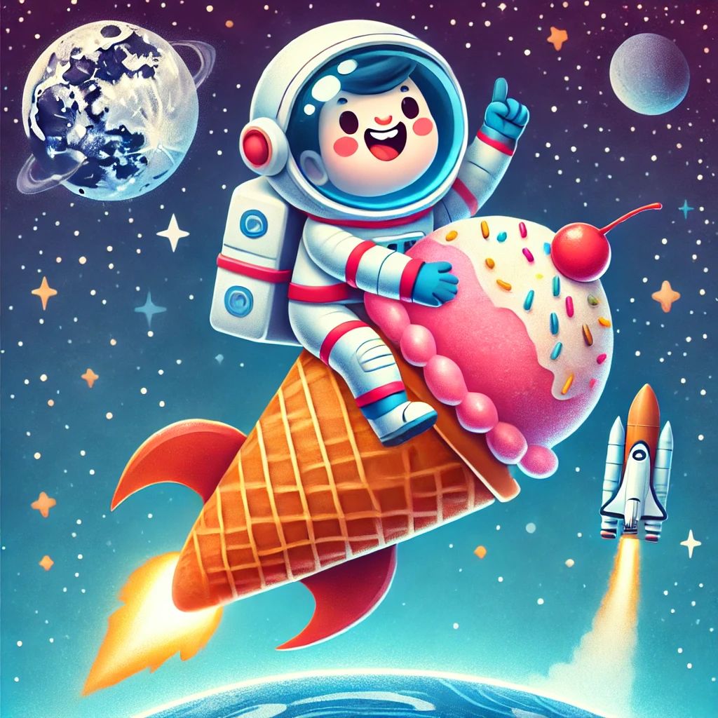 41. A playful astronaut riding a rocket shaped like a giant ice cream cone through space