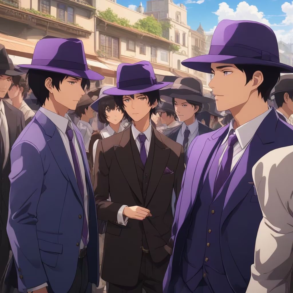 People wearing purple fedoras,meeting up with frie #6279108