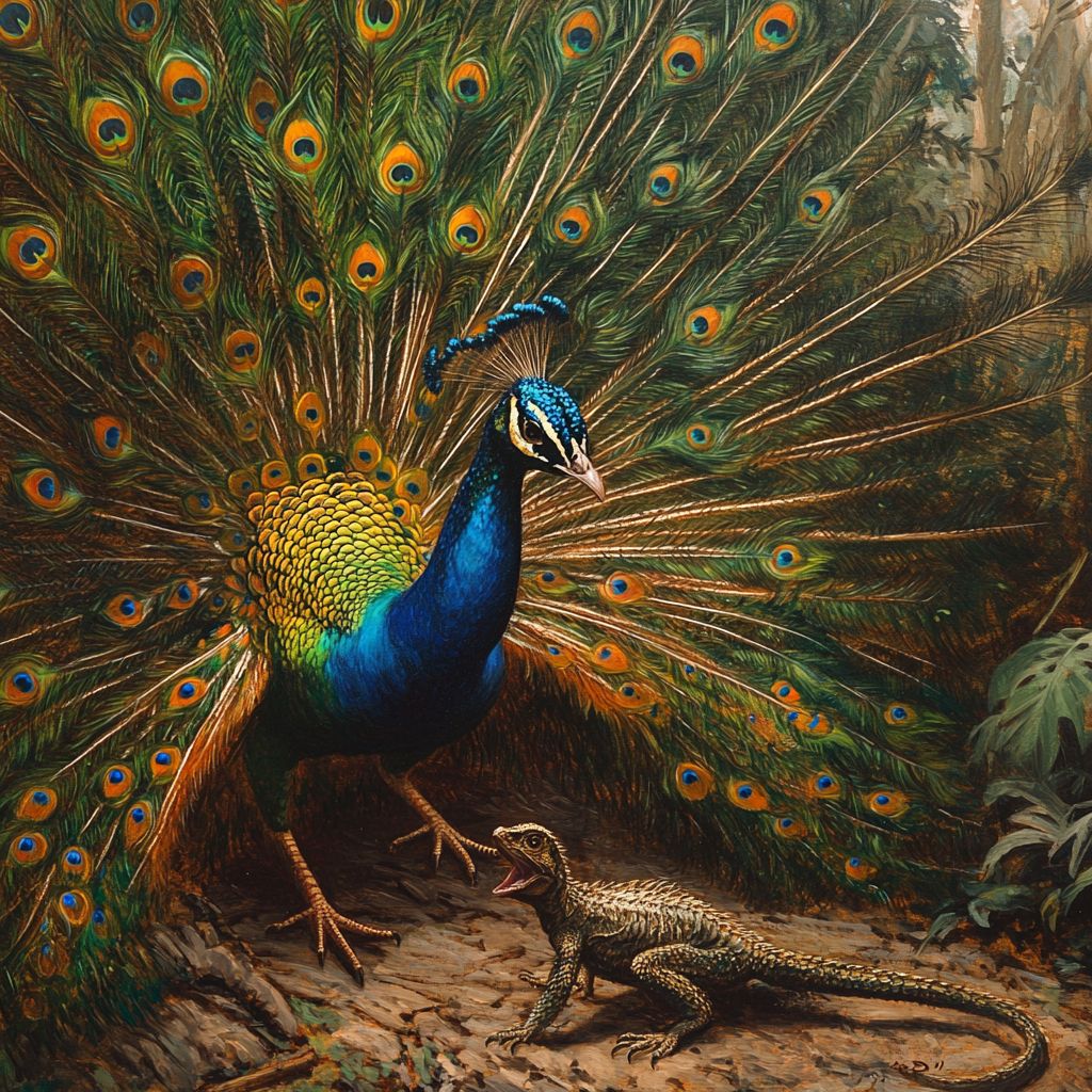 Peacock and lizard