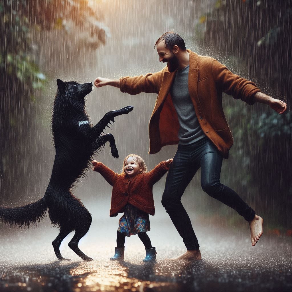 the black simba dog dancing in the rain with the father and little daughter