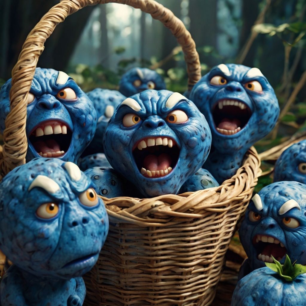 An angry creature of blueberry in a basket