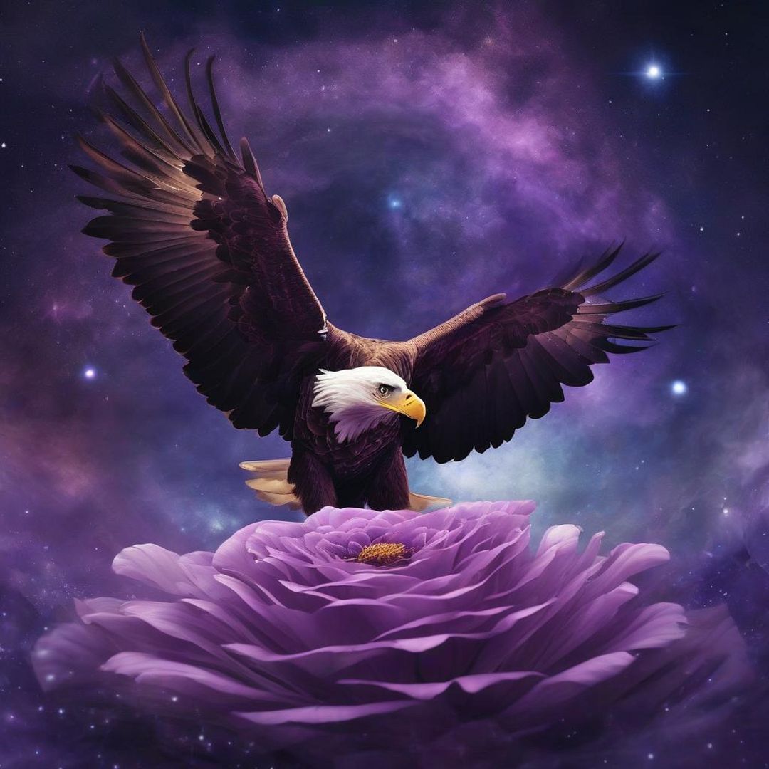 A purple flower and an eagle floating in space