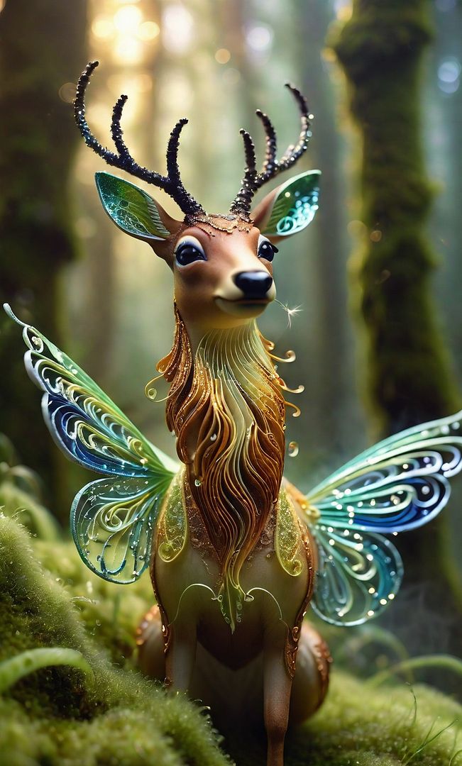 Ethereal deer with delicate iridescent wings