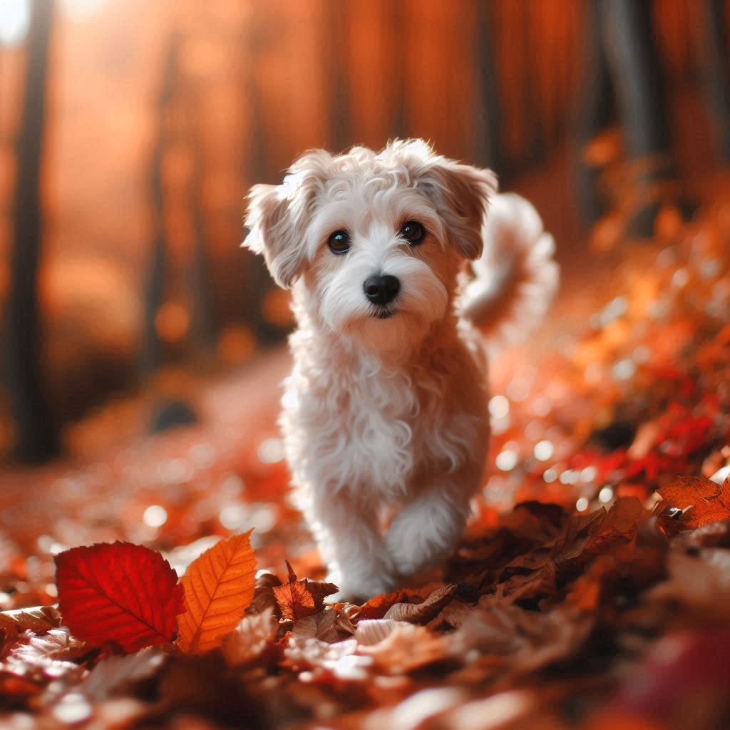 A cute dog walking in the autumn leaves