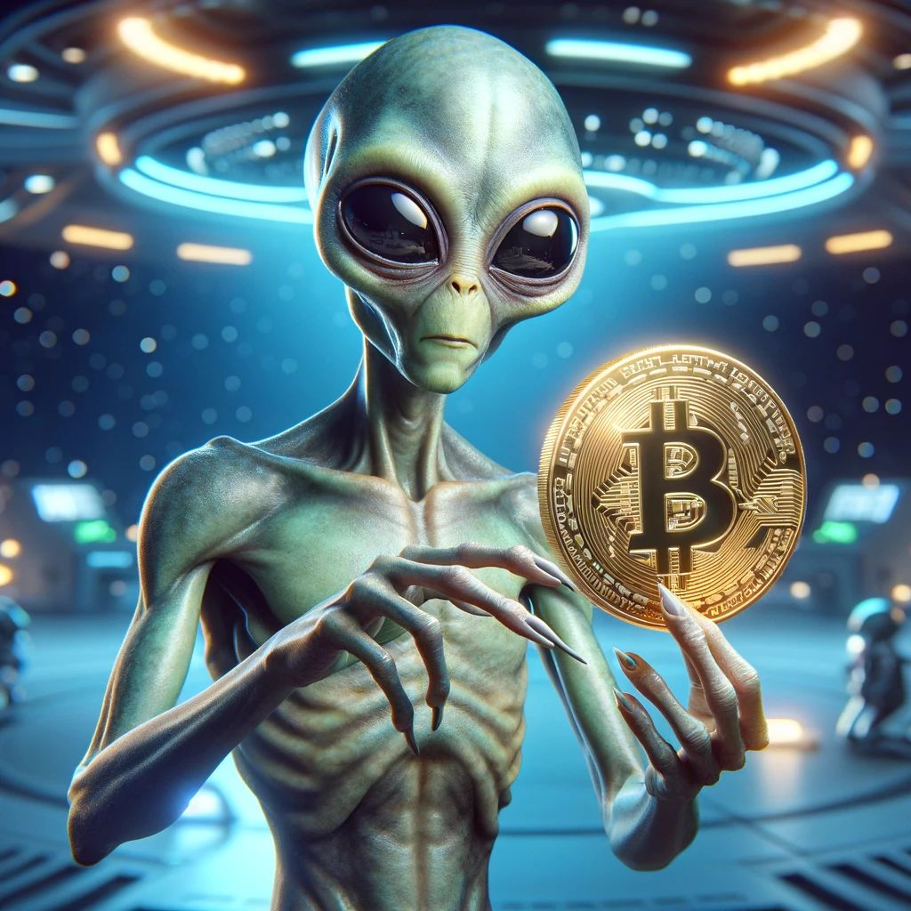 An alien holding a Bitcoin (arb)