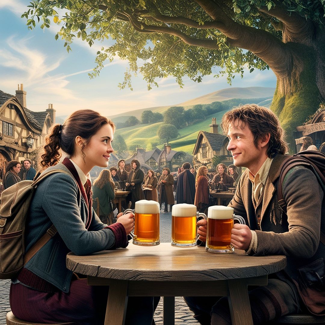 Hermione and Frodo Baggins drinks cream ale in Hobbitton