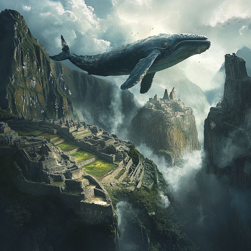 Whale flying over Machu Picchu ruins