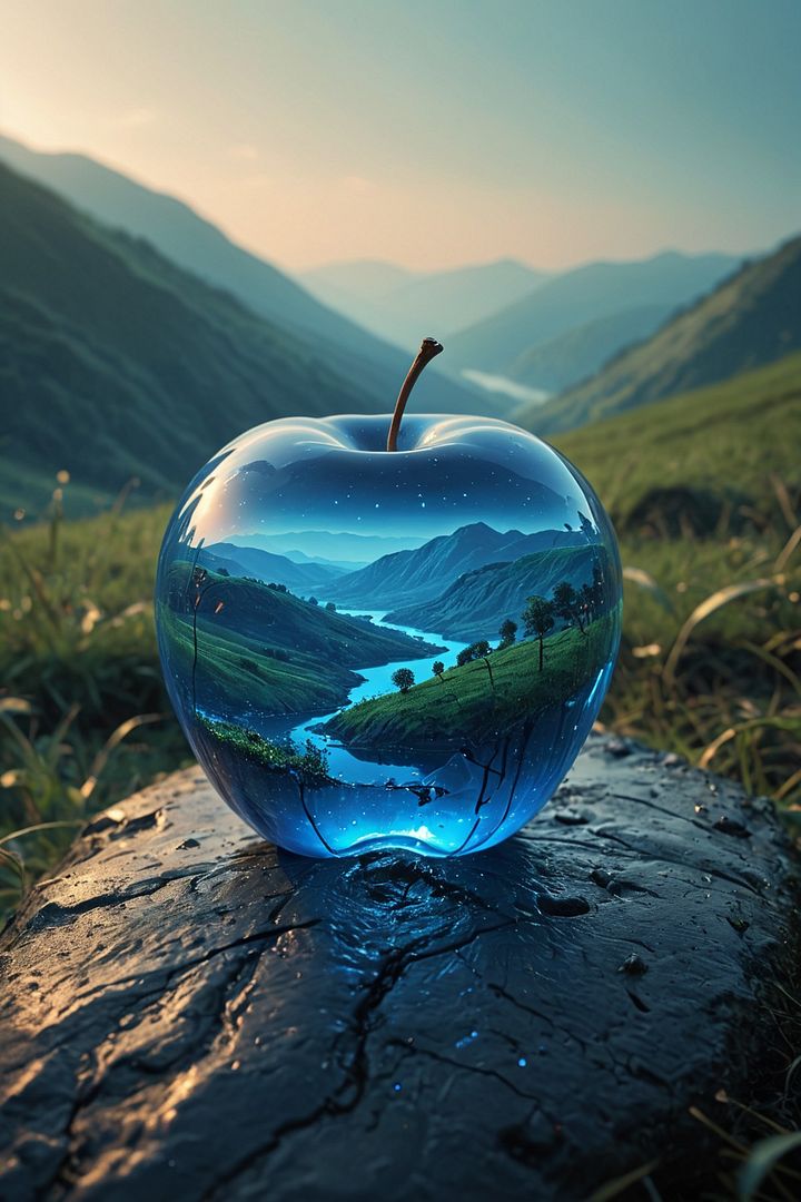 a part of the landscape contained by a transparent apple