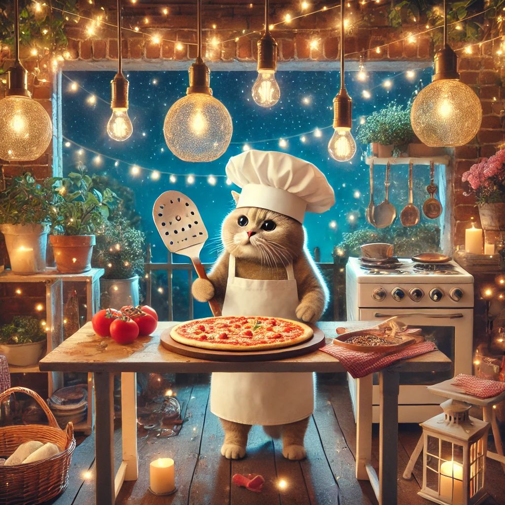 44. A whimsical scene of a cat chef making pizza in an outdoor kitchen under fairy lights