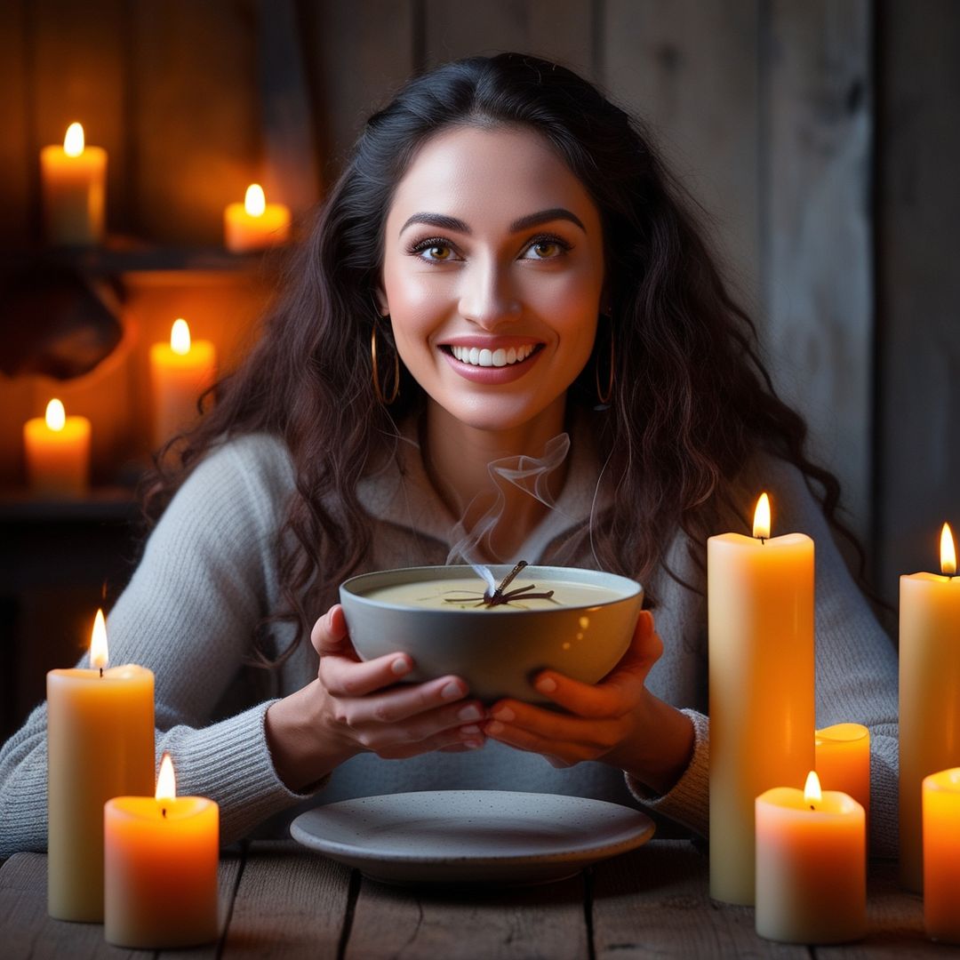 Kamila drinks a soup vanilla