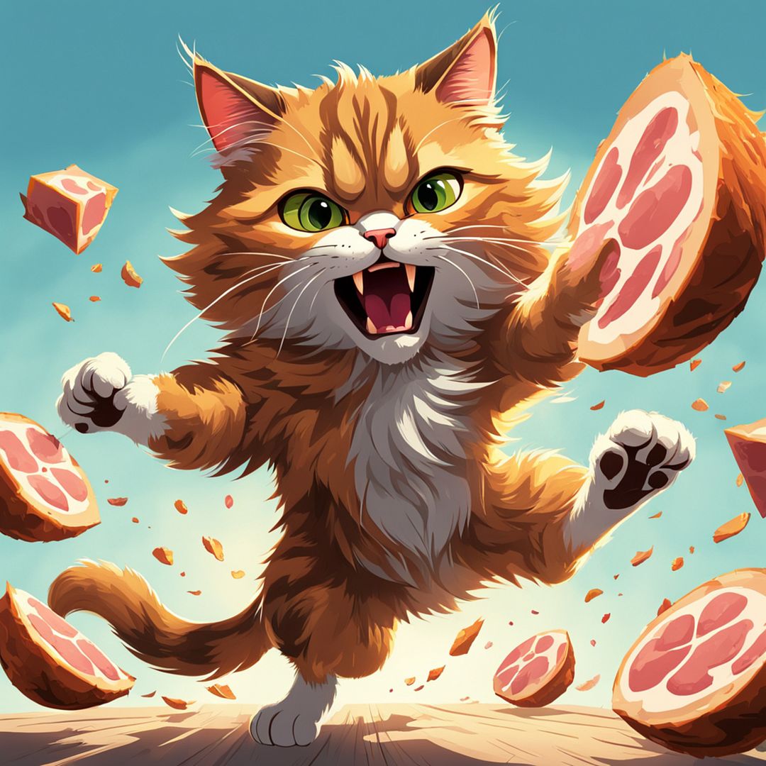 animated-caricature-of-an-irate-fluffy-feline-in-motion-aiming-to-launch-a-ham-using-precarious-ba-542522407