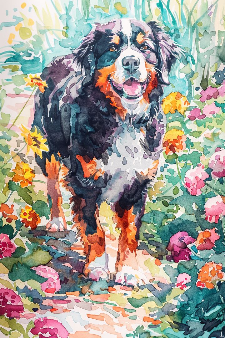 Watercolor, cute and adorable Bernese Mountain Dog