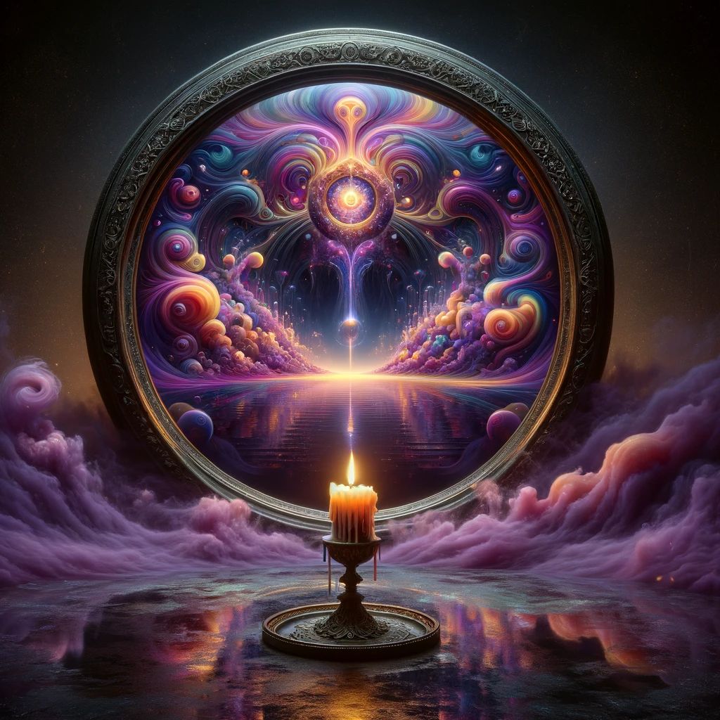 DALL·E 2023-11-16 22.16.29 - A surrealistic scene with a circular, mirror-like 'looking glass' set in a vast, dark void. The looking glass acts as a portal to a vibrant, otherworl