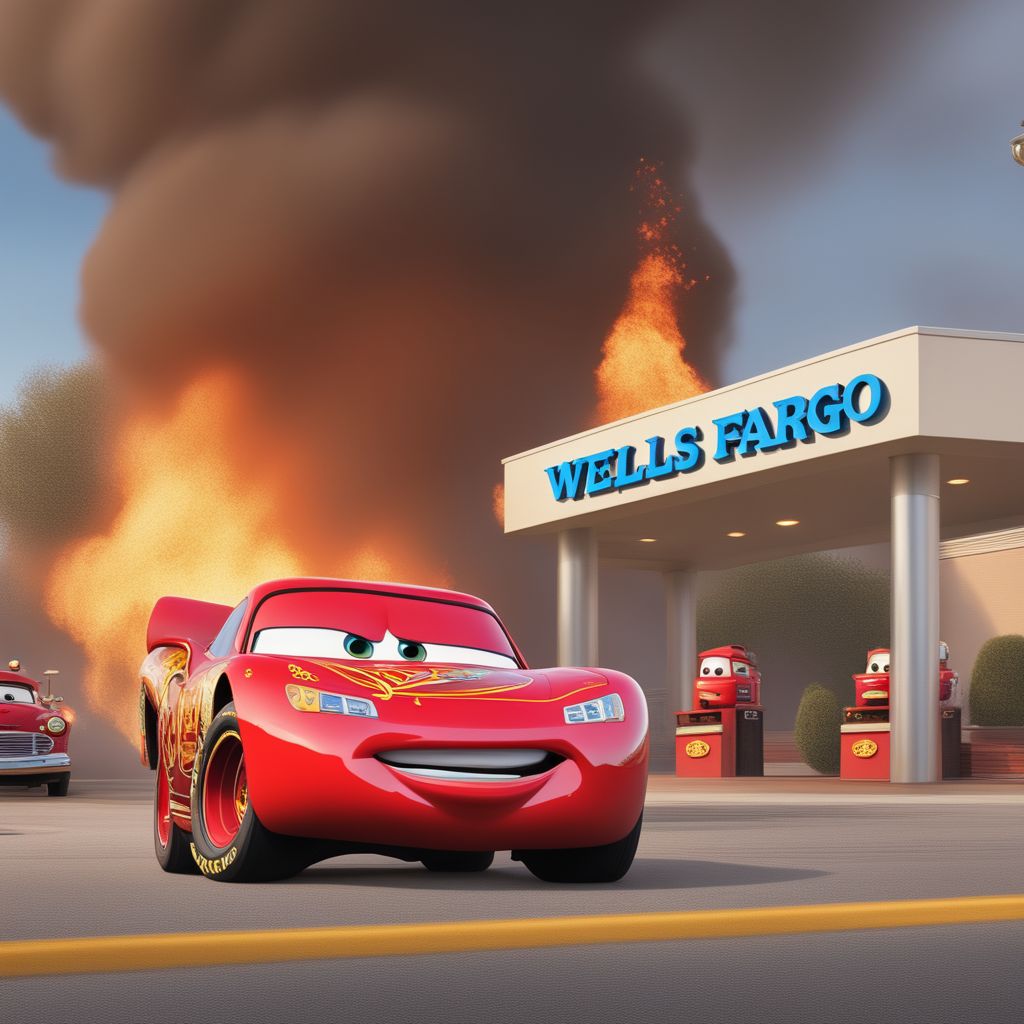 lightning-mcqueen-in-front-of-a-burning-wells-fargo-bank-with-a-crazy-look-in-his-eyes