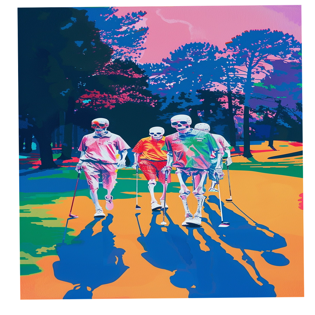 a group of 4 skeletons at Augusta national golf