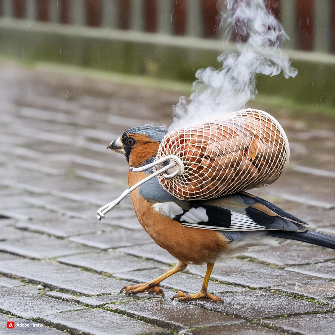 Firefly a bird carrying a steam on a rainy day