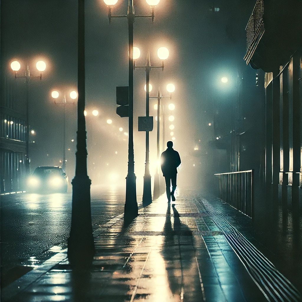 DALL·E 2025-02-24 18 07 28 - A cinematic, moody image of a quiet city street at night  A lone figure walks under soft streetlights, their shadow stretching across the wet pavement