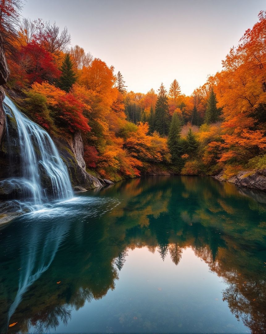 waterfall, lake and trees