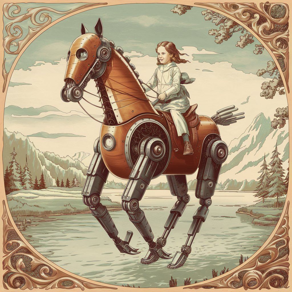 a girl riding a robot horse