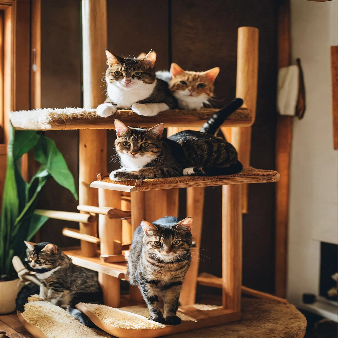 Four cats are playing on a  cat tower