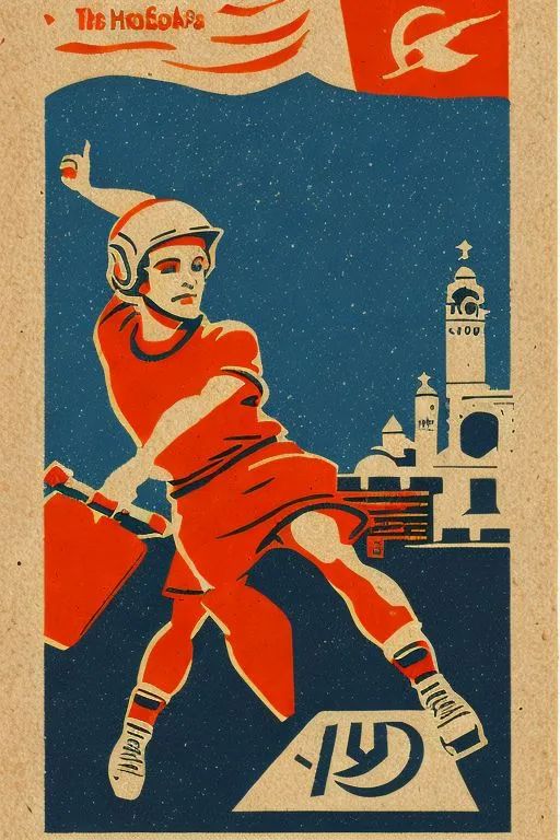 Vintage Soviet poster, young pioneer, sports, cityscape, constructivist style