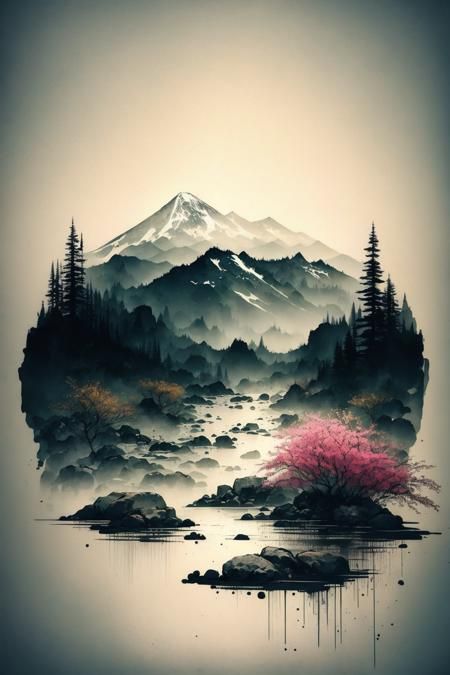 Scenery, ink, mountains, water, trees