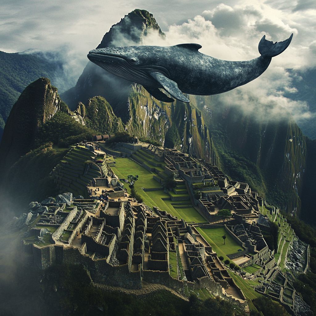 Whale flying over Machu Picchu ruins