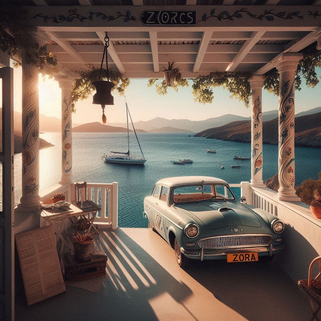 Looking at this image, I imagine a sunny day on the Mediterranean coast, where one can admire an elegant Porsche with a custom license plate "ZORA," parked near a beautiful boat ready to sail on the sparkling blue waters. A scene of luxury and tranquility.