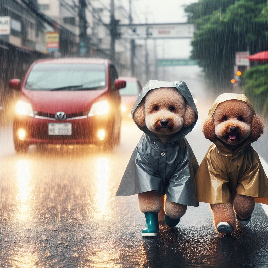 Top poodle brothers walking in raincoats during a typhoon