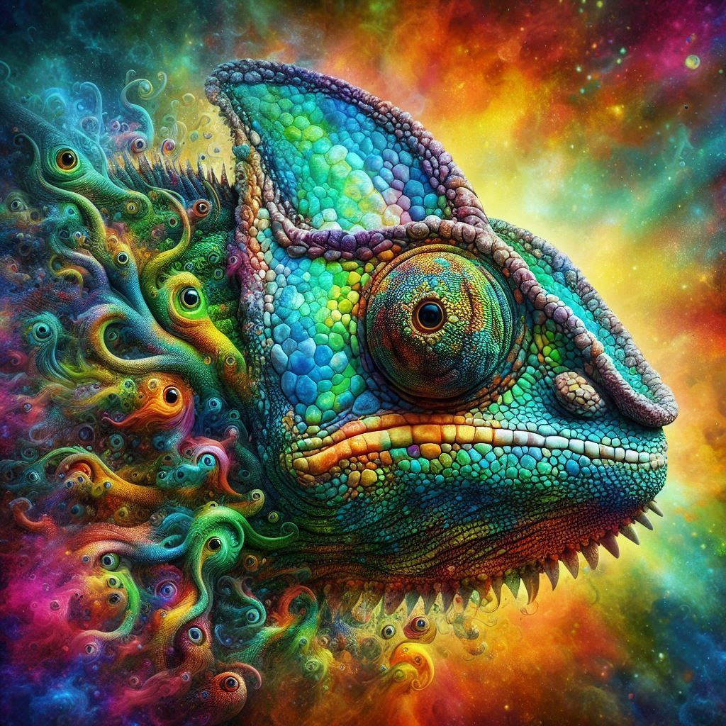 chameleon blending into a colorful background