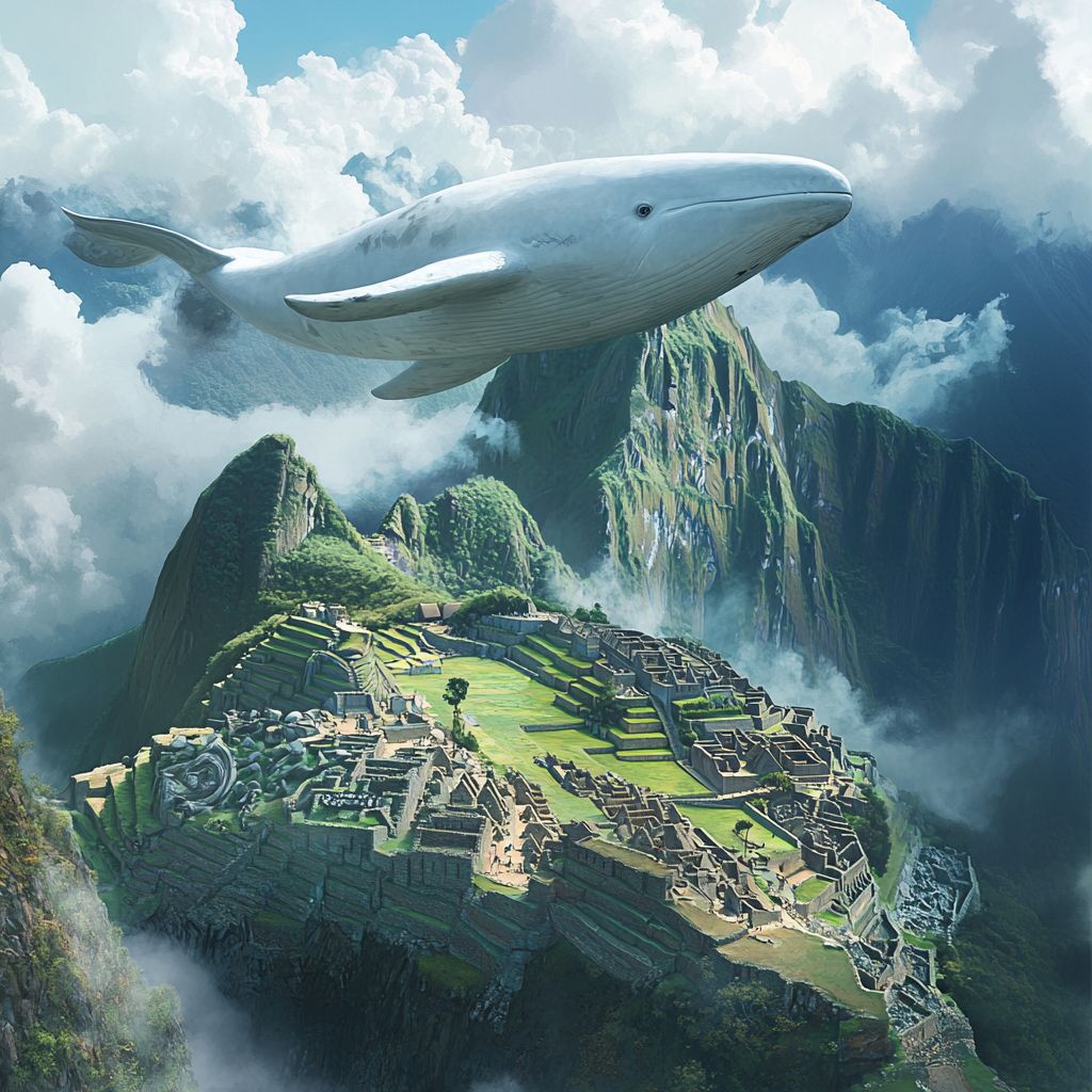 Moby Dick flying over Machu Picchu ruins